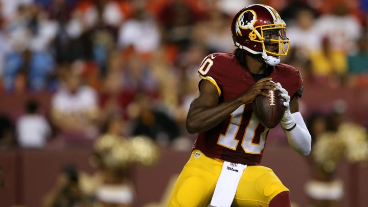LANDOVER, MD – AUGUST 20: Quarterback Robert Griffin III #10 of the Washington Redskins looks to make a pass during a preseason game against the Detroit Lions at FedEx Field on August 20, 2015 in Landover, Maryland. (Photo by Matt Hazlett/Getty Images)