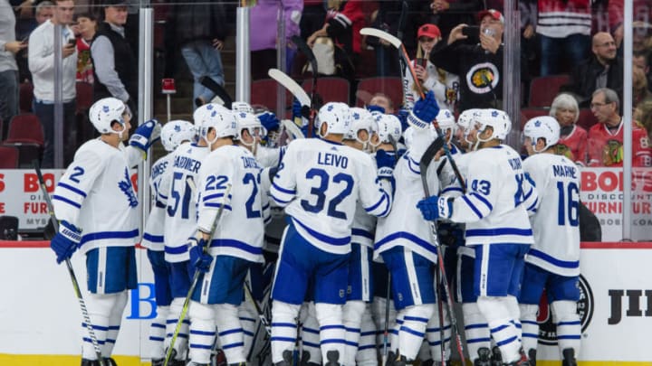 CHICAGO, IL - OCTOBER 07: The Toronto Maple Leafs celebrate after an NHL hockey game between the Toronto Maple Leafs and the Chicago Blackhawks on October 07, 2018, at the United Center in Chicago, IL. Toronto won in overtime 7-6. (Photo By Daniel Bartel/Icon Sportswire via Getty Images)