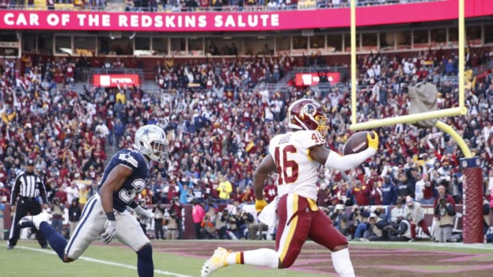 LANDOVER, MD - OCTOBER 21: Kapri Bibbs #46 of the Washington Redskins runs into the end zone for a 23-yard touchdown after catching a pass in the first quarter of the game against the Dallas Cowboys at FedExField on October 21, 2018 in Landover, Maryland. (Photo by Joe Robbins/Getty Images)