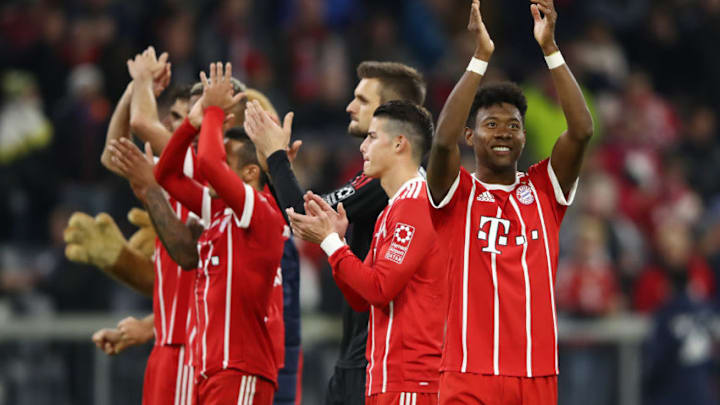 MUNICH, GERMANY - OCTOBER 28: David Alaba of Bayern Muenchen (r) and players of Muenchen celebrate with their supporters after the Bundesliga match between FC Bayern Muenchen and RB Leipzig at Allianz Arena on October 28, 2017 in Munich, Germany. (Photo by Alex Grimm/Bongarts/Getty Images)
