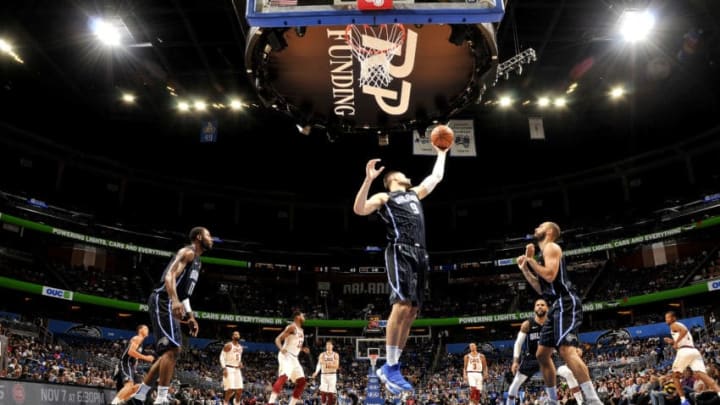 ORLANDO, FL - NOVEMBER 5: Nikola Vucevic #9 of the Orlando Magic shoots the ball against the Cleveland Cavaliers on November 5, 2018 at Amway Center in Orlando, Florida. NOTE TO USER: User expressly acknowledges and agrees that, by downloading and or using this photograph, User is consenting to the terms and conditions of the Getty Images License Agreement. Mandatory Copyright Notice: Copyright 2018 NBAE (Photo by Fernando Medina/NBAE via Getty Images)