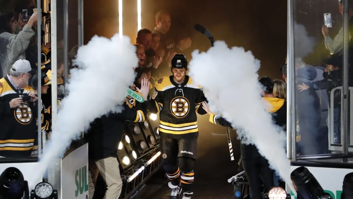 BOSTON, MA - OCTOBER 12: Boston Bruins right wing David Pastrnak (88) is introduced for the home opener before a game between the Boston Bruins and the New Jersey Devils on October 12, 2019, at TD Garden in Boston, Massachusetts. (Photo by Fred Kfoury III/Icon Sportswire via Getty Images)
