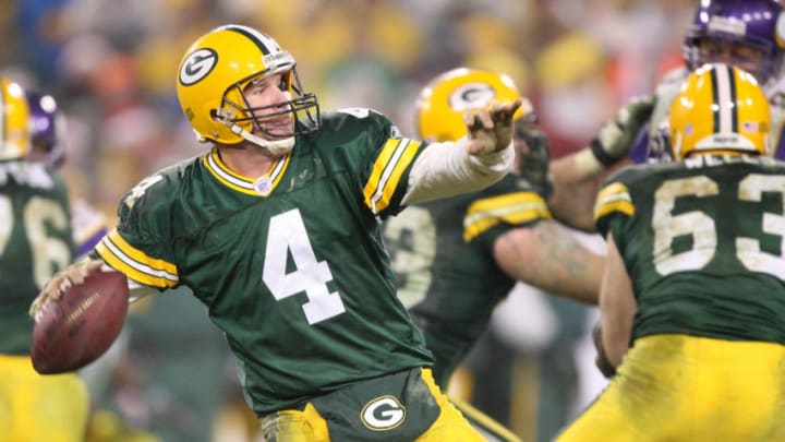 Brett Favre in action at the Minnesota Vikings vs.Green Bay Packers game, Dec 21, 2006, at Lambeau Field, Green Bay. The Packers defeated the Vikings 9-7 (Photo by Tom Dahlin/Getty Images)