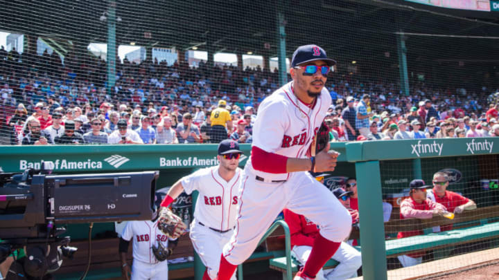 BOSTON, MA - MAY 2: Mookie Betts #50 of the Boston Red Sox takes the field to start the game during the game against the Kansas City Royals at Fenway Park on Wednesday May 2, 2018 in Boston, Massachusetts. (Photo by Rob Tringali/SportsChrome/Getty Images) *** Local Caption *** Mookie Betts