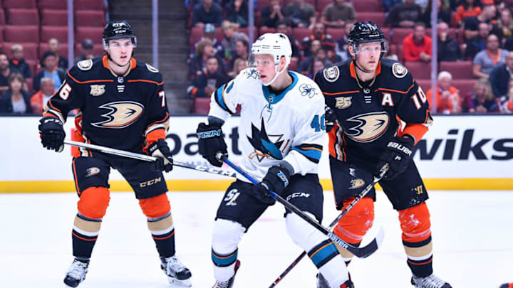 ANAHEIM, CA - SEPTEMBER 20: San Jose Sharks center Antti Suomela (40) in action during a NHL preseason game between the Anaheim Ducks and the San Jose Sharks played on September 20, 2018 at the Honda Center in Anaheim, CA.