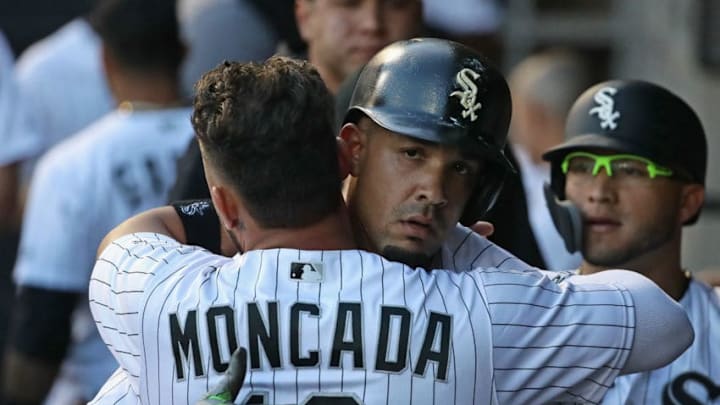 CHICAGO, IL - MAY 04: Jose Abreu #79 of the Chicago White Sox gets a hug from Yoan Moncada #10 after hitting a two run home run in the 1st inning against the Minnesota Twins at Guaranteed Rate Field on May 4, 2018 in Chicago, Illinois. (Photo by Jonathan Daniel/Getty Images)
