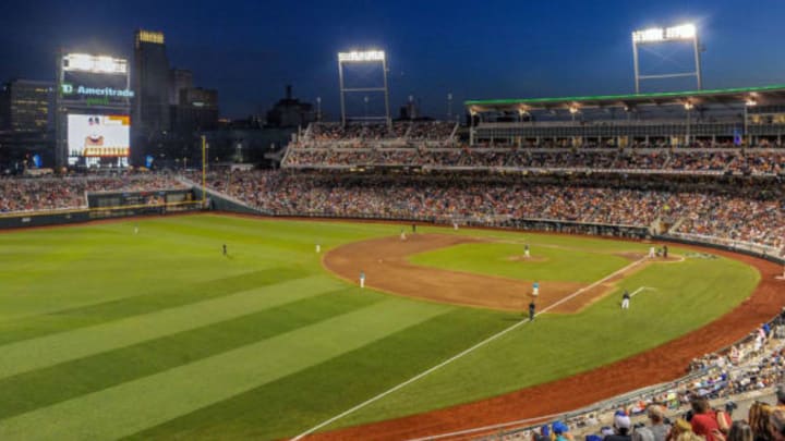 Jun 23, 2016; Omaha, NE, USA; General view of the stadium during the fifth inning of the contest between the Texas Tech Red Raiders and the Coastal Carolina Chanticleers at the 2016 College World Series at TD Ameritrade Park. Mandatory Credit: Steven Branscombe-USA TODAY Sports