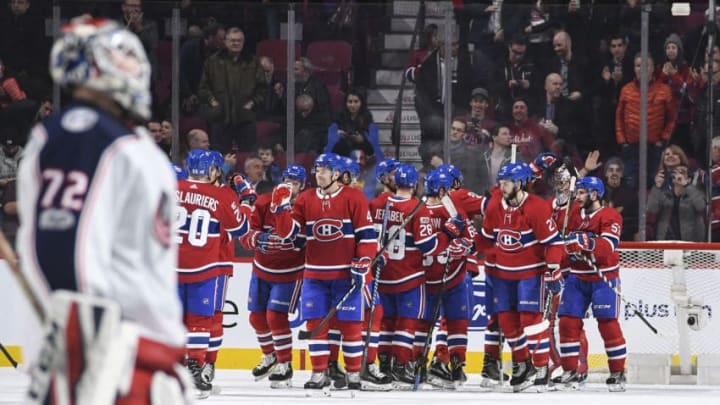 MONTREAL, QC - NOVEMBER 27: Montreal Canadiens players celebrate after defeating the Columbus Blue Jackets in the NHL game at the Bell Centre on November 27, 2017 in Montreal, Quebec, Canada. (Photo by Francois Lacasse/NHLI via Getty Images)