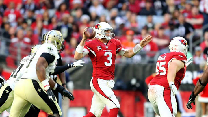 Dec 18, 2016; Glendale, AZ, USA; Arizona Cardinals quarterback Carson Palmer (3) throws a pass in the fourth quarter against the New Orleans Saints at University of Phoenix Stadium. The Saints defeated the Cardinals 48-41. Mandatory Credit: Mark J. Rebilas-USA TODAY Sports