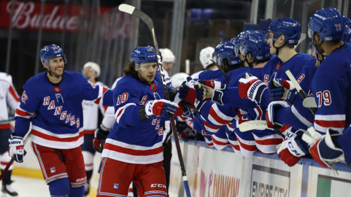 NEW YORK, NEW YORK - MARCH 30: Artemi Panarin #10 of the New York Rangers celebrates his third period goal against the Washington Capitals during their game at Madison Square Garden on March 30, 2021 in New York City. (Photo by Al Bello/Getty Images)