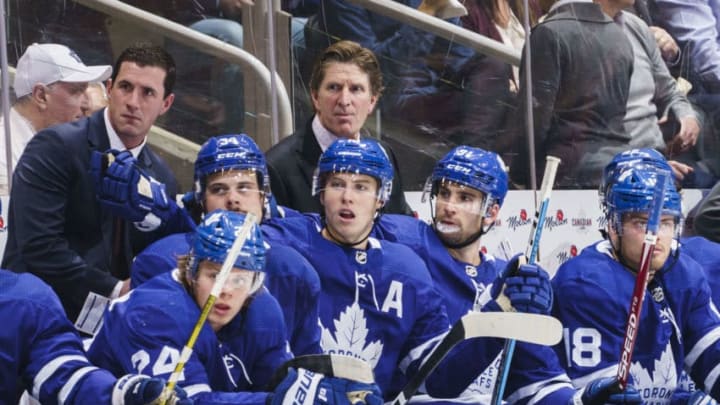 TORONTO, ON - OCTOBER 10: Mike Babcock head coach of the Toronto Maple Leafs looks on against the Tampa Bay Lightning during the third period at the Scotiabank Arena on October 10, 2019 in Toronto, Ontario, Canada. (Photo by Mark Blinch/NHLI via Getty Images)