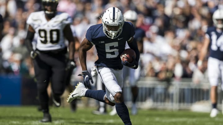 STATE COLLEGE, PA – OCTOBER 05: Jahan Dotson #5 of the Penn State Nittany Lions scores a touchdown against the Purdue Boilermakers of the Penn State Nittany Lions during the first half at Beaver Stadium on October 5, 2019 in State College, Pennsylvania. (Photo by Scott Taetsch/Getty Images)