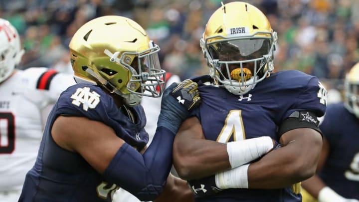 SOUTH BEND, IN - SEPTEMBER 08: Te'von Coney #4 of the Notre Dame Fighting Irish celebrates a sack with Khalid Kareem #53 against the Ball State Cardinals at Notre Dame Stadium on September 8, 2018 in South Bend, Indiana. (Photo by Jonathan Daniel/Getty Images)