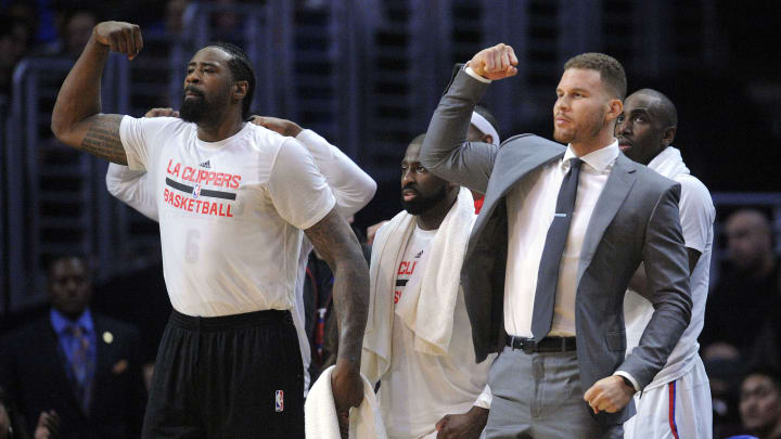 January 19, 2017; Los Angeles, CA, USA; Los Angeles Clippers center DeAndre Jordan (6) and forward Blake Griffin react after forward Brandon Bass (not pictured) draws a foul against the Minnesota Timberwolves during the first half at Staples Center. Mandatory Credit: Gary A. Vasquez-USA TODAY Sports