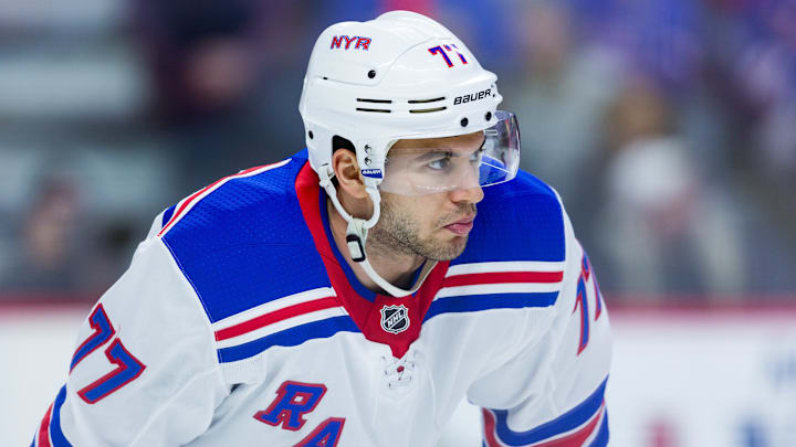 OTTAWA, ON – FEBRUARY 17: New York Rangers Defenceman Tony DeAngelo (77) prepares for a face-off during first period National Hockey League action between the New York Rangers and Ottawa Senators on February 17, 2018, at Canadian Tire Centre in Ottawa, ON, Canada. (Photo by Richard A. Whittaker/Icon Sportswire via Getty Images)