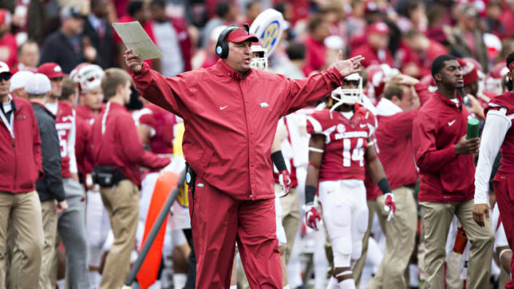 FAYETTEVILLE, AR - OCTOBER 24: Head Coach Bret Bielema of the Arkansas Razorbacks yells to a official during a game against the Arkansas Razorbacks at Razorback Stadium Stadium on October 24, 2015 in Fayetteville, Arkansas. (Photo by Wesley Hitt/Getty Images)