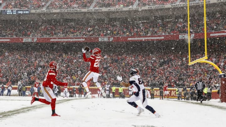 KANSAS CITY, MO - DECEMBER 15: Juan Thornhill #22 of the Kansas City Chiefs intercepts a Denver Broncos pass in the end zone during the third quarter at Arrowhead Stadium on December 15, 2019 in Kansas City, Missouri. (Photo by David Eulitt/Getty Images)