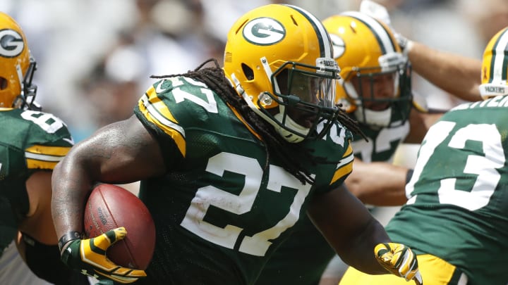 Sep 11, 2016; Jacksonville, FL, USA; Green Bay Packers running back Eddie Lacy (27) runs the ball in the first quarter against the Jacksonville Jaguars at EverBank Field. Mandatory Credit: Logan Bowles-USA TODAY Sports