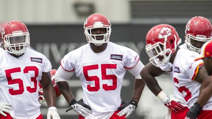 Kansas City Chiefs linebacker Dee Ford (55) watches his teammates run through agility drills on Wednesday, June 18, 2014 at the team's minicamp at the Arrowhead Stadium practice facility in Kansas City, Mo. (David Eulitt/Kansas City Star/MCT via Getty Images)