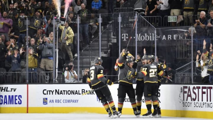 LAS VEGAS, NEVADA - OCTOBER 12: Mark Stone #61 of the Vegas Golden Knights celebrates after scoring a goal during the second period against the Calgary Flames at T-Mobile Arena on October 12, 2019 in Las Vegas, Nevada. (Photo by Jeff Bottari/NHLI via Getty Images)