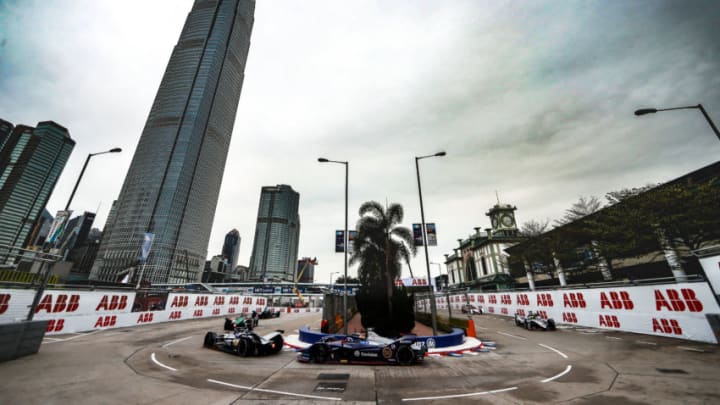 HONG KONG, HONG KONG - MARCH 10: Sébastien Buemi (CHE), Nissan e.Dam, Nissan IMO1 leads Robin Frijns (NLD), Envision Virgin Racing, Audi e-tron FE05 and Oliver Rowland (GBR), Nissan e.Dams, Nissan IMO1 on March 10, 2019 in Hong Kong, Hong Kong. (Photo by FIA ABB Formula E/Handout/Getty Images)