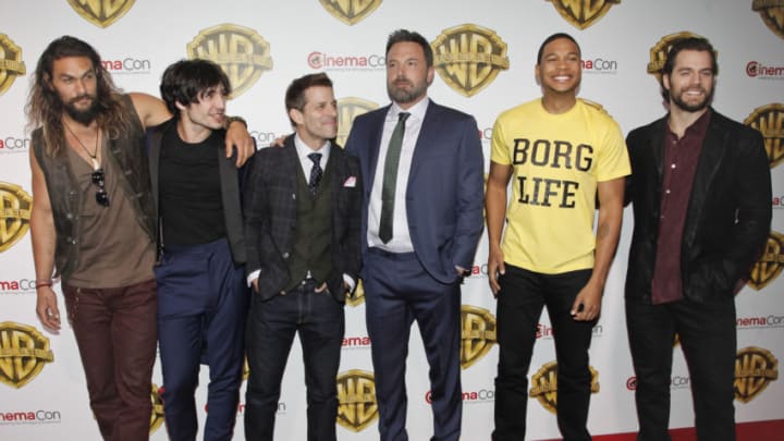 LAS VEGAS, NV - MARCH 29: (L-R) Actors Jason Momoa, Ezra Miller, director Zack Snyder, actors Ben Affleck, Ray Fisher and Henry Cavill attend the Warner Bros. Pictures presentation during CinemaCon at The Colosseum at Caesars Palace on March 29, 2017 in Las Vegas, Nevada. (Photo by Tibrina Hobson/Getty Images)
