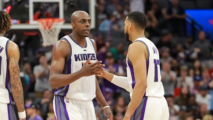 Mar 13, 2017; Sacramento, CA, USA; Sacramento Kings forward Anthony Tolliver (43) celebrates with guard Garrett Temple (17) during the fourth quarter against the Orlando Magic at Golden 1 Center. The Kings defeated the Magic 120-115. Mandatory Credit: Sergio Estrada-USA TODAY Sports