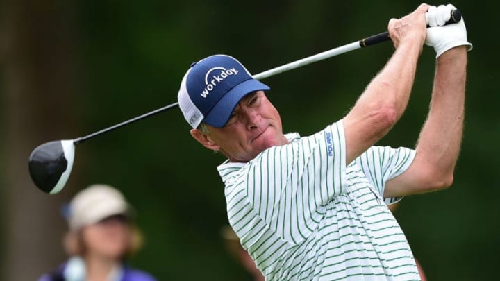 WHITE SULPHUR SPRINGS, WV - JULY 06: Davis Love III tees off the 17th hole during round one of The Greenbrier Classic held at the Old White TPC on July 6, 2017 in White Sulphur Springs, West Virginia. (Photo by Jared C. Tilton/Getty Images)