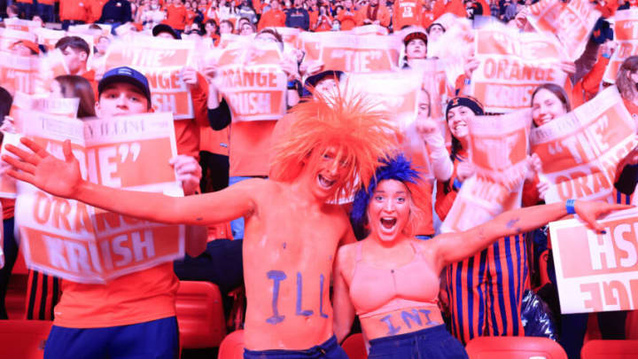 CHAMPAIGN, ILLINOIS - FEBRUARY 24: Illinois Fighting Illini fans react during player introductions before the game against the Ohio State Buckeyes at State Farm Center on February 24, 2022 in Champaign, Illinois. (Photo by Justin Casterline/Getty Images)