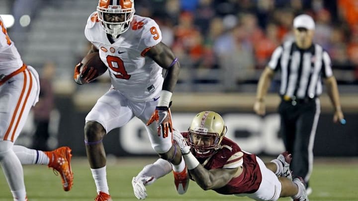 Oct 7, 2016; Boston, MA, USA; Boston College Eagles defensive end Harold Landry (7) fails to tackle Clemson Tigers running back Wayne Gallman (9) during the third quarter at Alumni Stadium. Mandatory Credit: Stew Milne-USA TODAY Sports