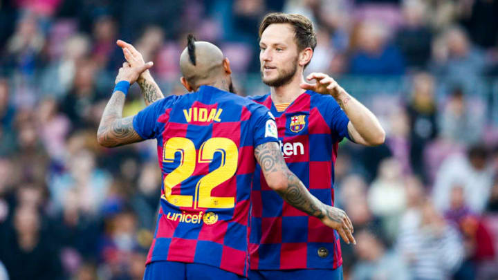 BARCELONA, SPAIN - FEBRUARY 22: (L-R) Arturo Vidal of FC Barcelona, Ivan Rakitic of FC Barcelona during the La Liga Santander match between FC Barcelona v Eibar at the Camp Nou on February 22, 2020 in Barcelona Spain (Photo by David S. Bustamante/Soccrates/Getty Images)