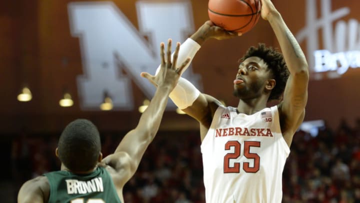 LINCOLN, NE - JANUARY 17: Nana Akenten #25 of the Nebraska Cornhuskers shoots over Gabe Brown #13 of the Michigan State Spartans at Pinnacle Bank Arena on January 17, 2019 in Lincoln, Nebraska. (Photo by Steven Branscombe/Getty Images)