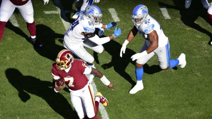 LANDOVER, MD - NOVEMBER 24: Dwayne Haskins #7 of the Washington Redskins scrambles with the ball in the first quarter against the Detroit Lions at FedExField on November 24, 2019 in Landover, Maryland. (Photo by Patrick McDermott/Getty Images)