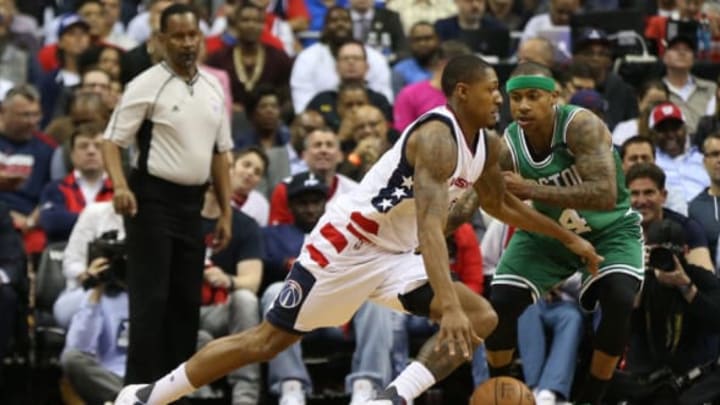 May 4, 2017; Washington, DC, USA; Washington Wizards guard Bradley Beal (3) dribbles the ball as Boston Celtics guard Isaiah Thomas (4) defends in the second quarter in game three of the second round of the 2017 NBA Playoffs at Verizon Center. Mandatory Credit: Geoff Burke-USA TODAY Sports