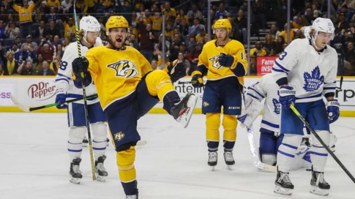 NASHVILLE, TENNESSEE - JANUARY 27: Viktor Arvidsson #33 of the Nashville Predators celebrates a goal against the Toronto Maple Leafs during the third period of a 5-2 Leaf victory at Bridgestone Arena on January 27, 2020 in Nashville, Tennessee. (Photo by Frederick Breedon/Getty Images)