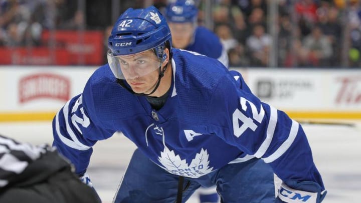 TORONTO, ON - MARCH 17: Tyler Bozak #42 of the Toronto Maple Leafs gets set for a faceoff against the Montreal Canadiens during an NHL game at the Air Canada Centre on March 17, 2018 in Toronto, Ontario, Canada. The Maple Leafs defeated the Canadiens 4-0. (Photo by Claus Andersen/Getty Images)