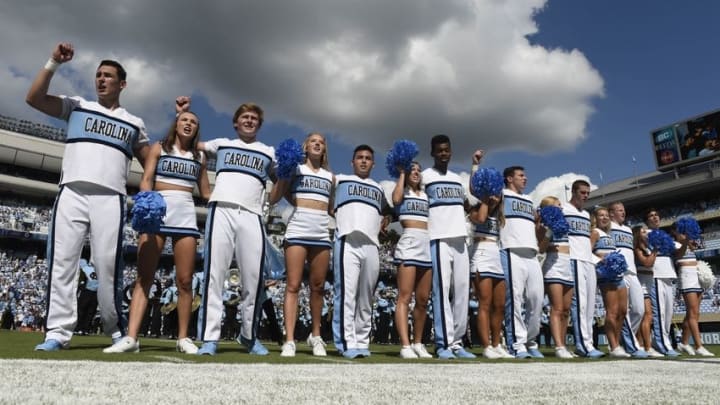 Sep 17, 2016; Chapel Hill, NC, USA; North Carolina Tar Heels cheerleaders perform at Kenan Memorial Stadium. Mandatory Credit: Bob Donnan-USA TODAY Sports