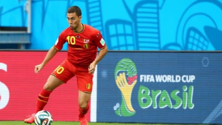 Jul 1, 2014; Salvador, BRAZIL; Belgium midfielder Eden Hazard (10) controls the ball in the first half against USA during the round of sixteen match in the 2014 World Cup at Arena Fonte Nova. Belgium defeated USA 2-1 in overtime. Mandatory Credit: Mark J. Rebilas-USA TODAY Sports