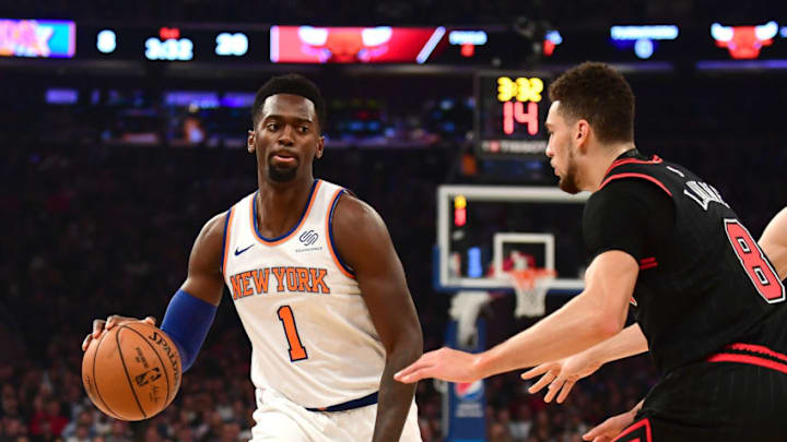 NEW YORK, NEW YORK - OCTOBER 28: Bobby Portis #1 of the New York Knicks brings the ball up court against Zach LaVine #8 of the Chicago Bulls in the first half at Madison Square Garden on October 28, 2019 in New York City. NOTE TO USER: User expressly acknowledges and agrees that, by downloading and or using this Photograph, user is consenting to the terms and conditions of the Getty Images License Agreement. (Photo by Emilee Chinn/Getty Images)
