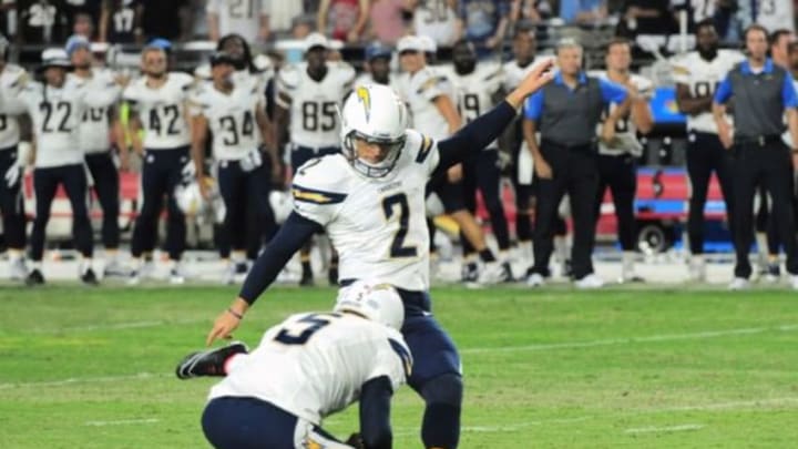 Aug 22, 2015; Glendale, AZ, USA; San Diego Chargers kicker Josh Lambo (2) kicks the game winning field goal against the Arizona Cardinals during the second half at University of Phoenix Stadium. The Chargers won 22-19. Mandatory Credit: Joe Camporeale-USA TODAY Sports