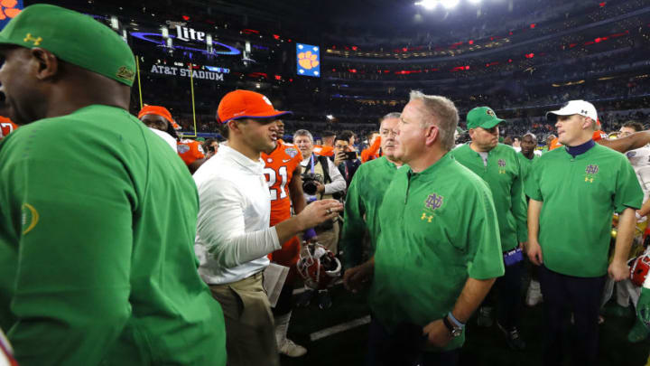 ARLINGTON, TEXAS - DECEMBER 29: Head coach Brian Kelly of the Notre Dame Fighting Irish walks on the field after being defeated by the Clemson Tigers during the College Football Playoff Semifinal Goodyear Cotton Bowl Classic at AT&T Stadium on December 29, 2018 in Arlington, Texas. Clemson defeated Notre Dame 30-3. (Photo by Kevin C. Cox/Getty Images)