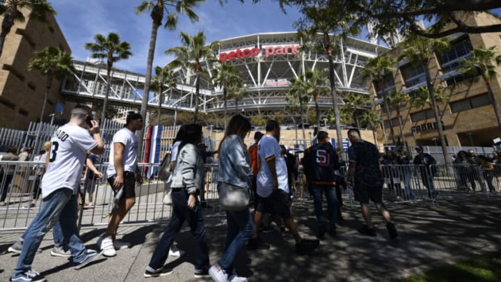 SAN DIEGO, CA - MARCH 28: San Diego Padres fans wait to enter before a game between the San Diego Padres and the San Francisco Giants on Opening Day at Petco Park March 28, 2019 in San Diego, California. (Photo by Denis Poroy/Getty Images)