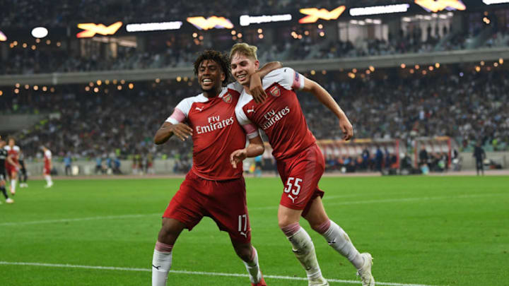 BAKU, AZERBAIJAN - OCTOBER 04: Emile Smith Rowe celebrates scoring Arsenal's 2nd goal with Alex Iwobi during the UEFA Europa League Group E match between Qarabag FK and Arsenal at on October 4, 2018 in Baku, Azerbaijan. (Photo by David Price/Arsenal FC via Getty Images)