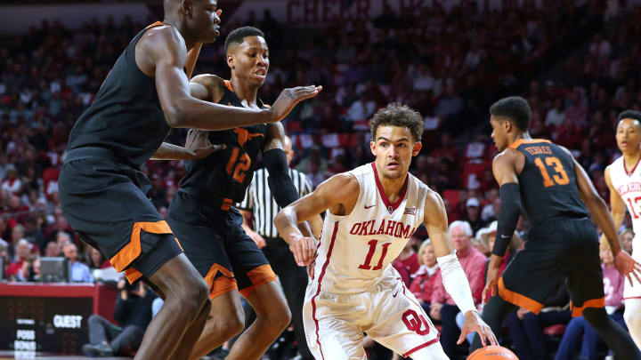 NORMAN, OK – FEBRUARY 17: Oklahoma Sooners Guard Trae Young (11) during a college basketball game between the Oklahoma Sooners and the Texas Longhorns on February 17, 2018, at the Lloyd Noble Center in Norman, OK. (Photo by David Stacy/Icon Sportswire via Getty Images)