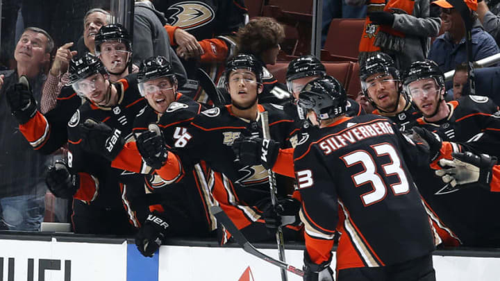 ANAHEIM, CA – NOVEMBER 7: Jakob Silfverberg #33 of the Anaheim Ducks celebrates his first period goal with his teammates during the game against the Calgary Flames on November 7, 2018 at Honda Center in Anaheim, California. (Photo by Debora Robinson/NHLI via Getty Images)