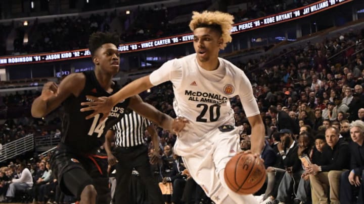 CHICAGO, IL - MARCH 29: Brian "Tugs" Bowen II #20 of the boys west team is defended by Lonnie Walker IV #14 of the boys east team during the 2017 McDonalds's All American Game on March 29, 2017 at the United Center in Chicago, Illinois. (Photo by David Banks/Getty Images)