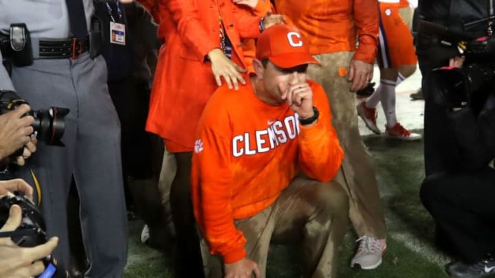 TAMPA, FL - JANUARY 09: Head coach Dabo Swinney of the Clemson Tigers reacts after defeating the Alabama Crimson Tide 35-31 to win the 2017 College Football Playoff National Championship Game at Raymond James Stadium on January 9, 2017 in Tampa, Florida. (Photo by Streeter Lecka/Getty Images)