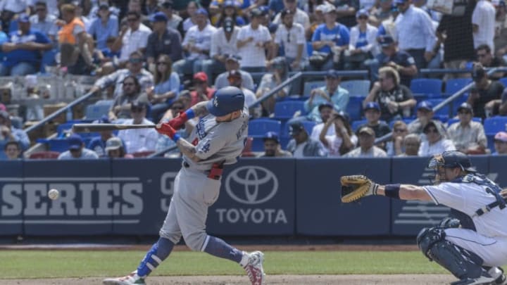MONTERREY, MEXICO - MAY 06: Center fielder Alex Verdugo #61 of Los Angeles Dodgers makes a hit in the second inning during the MLB game against the San Diego Padres at Estadio de Beisbol Monterrey on May 6, 2018 in Monterrey, Mexico. (Photo by Azael Rodriguez/Getty Images)