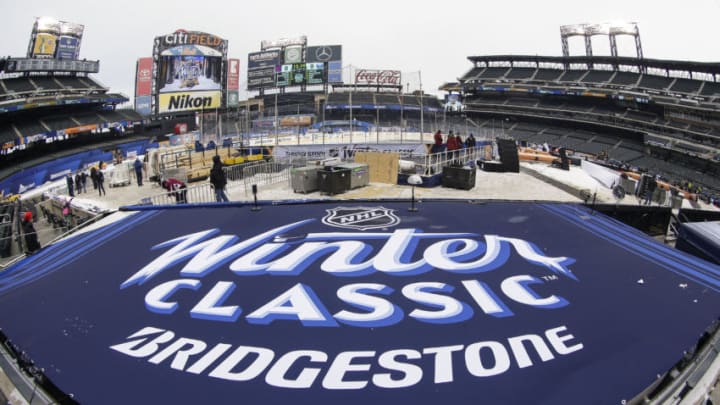 FLUSHING, NY - DECEMBER 31: Winter Classic logo displayed on New York Mets dugout during practice for the the New York Rangers and Buffalo Sabres Winter Classic NHL game on December 31, 2017, at Citi Field in Flushing, NY. (Photo by John Crouch/Icon Sportswire via Getty Images)