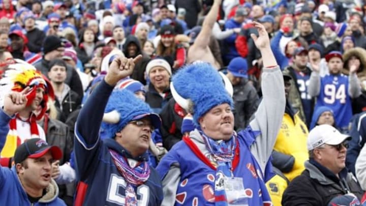 Nov 9, 2014; Orchard Park, NY, USA; Buffalo Bills fans celebrate after a touchdown against the Kansas City Chiefs during the first half at Ralph Wilson Stadium. Mandatory Credit: Kevin Hoffman-USA TODAY Sports